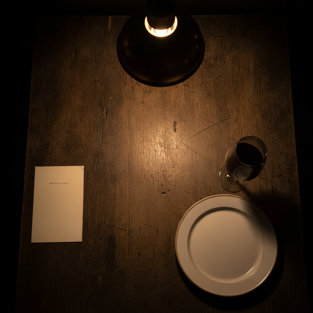 Moodboard: dunkler Holztisch, cremefarbene Karte, ein Strich